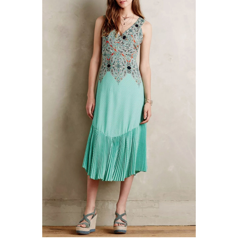 MAEVE Canyon Creek Midi Dress Sleeveless Pleated Mint Anthropologie , 8